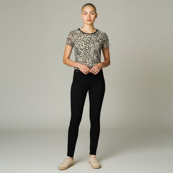 NWT Antistar Black & White Animal Cheetah Zebra Print Short Sleeve Sheer size L - Picture 1 of 11